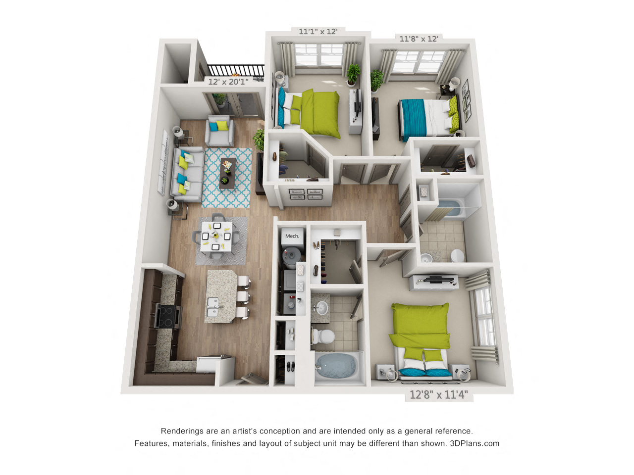 Floor plan for 3 beds, 2 baths, 1306 sqft